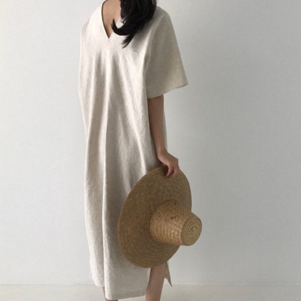 Aemie Casual V-Neck Linen Sack Dress - 2 Colors