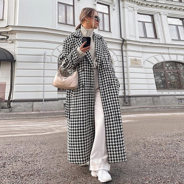 Clara Houndstooth Woolen Maxi Trench Coat – watereverysunday