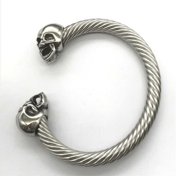 Adjustable Skull Bangle Bracelet For Men – Stainless Steel With Cubic Zirconia – Elastic Twist Cable Design - View #13