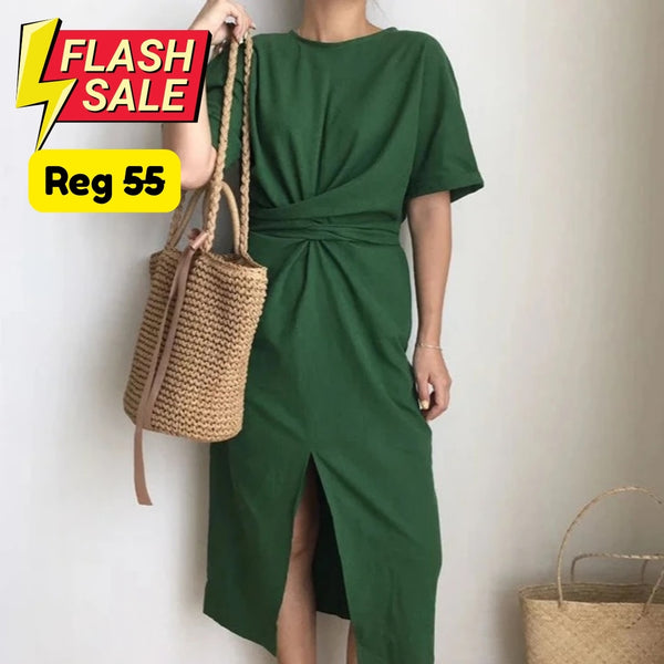 front slit midi dress Elegant Twist Tie Waist and Front Slit Midi Dress - Green/One Size (US S/M)