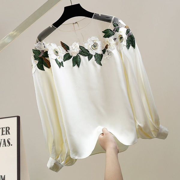 Moria Floral Embroidery Sheer Neck Blouse