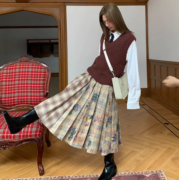 Louisa Vintage Graffiti Plaid Pleated Midi Skirt – watereverysunday