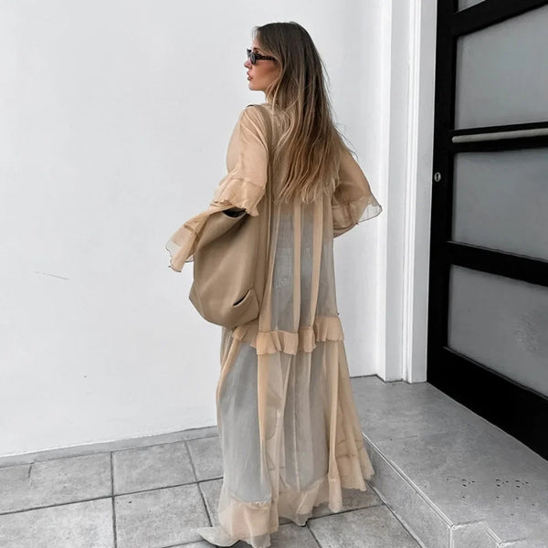 bohemian chiffon maxi dress Elegant Bohemian Coffee Chiffon Maxi Dress with Ruffles for Weddings a Canary Houze