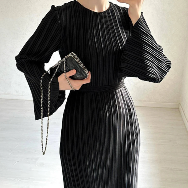 black pleated dress with sleeves Milly Women's Liv Belted Pleated Dress - Black main image 0
