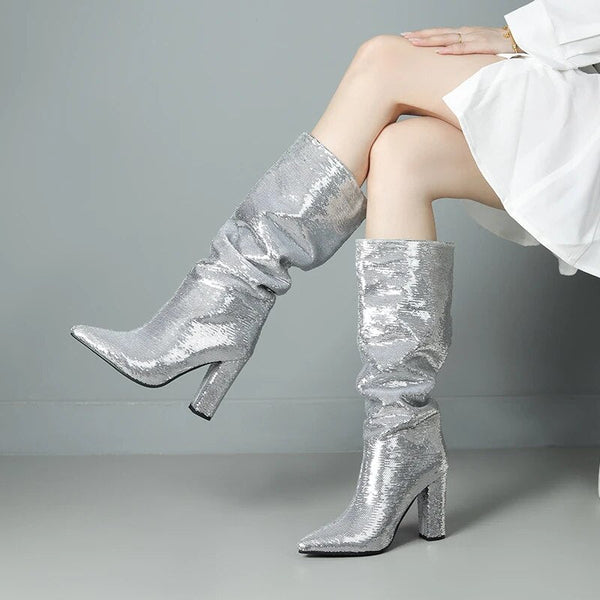Silver Glitter Sequin High Boots Stafa Mermaid Sequin Metallic