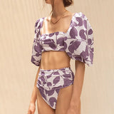 Esa Purple Floral Two Piece Retro Swimsuit