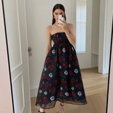 Adeline Dark Floral Organza Retro Strapless Dress