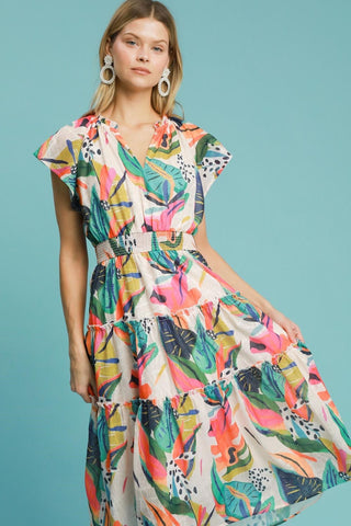 Aluna Leaf Print Cap Sleeve Tiered Midi Dress