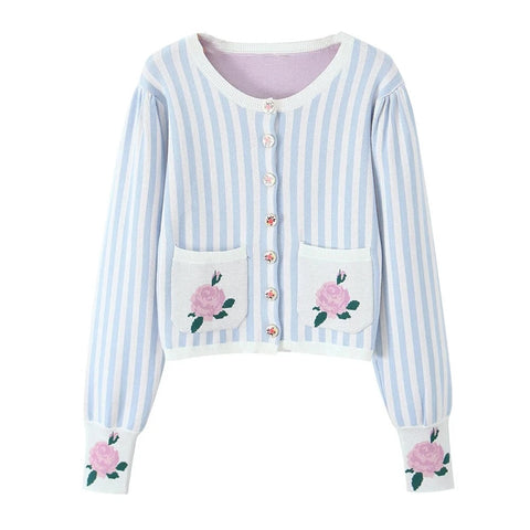 Amelie Floral Blue Striped Pointelle Knit Cardigan