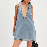 Aria Crystal Trim Plunge Neck Mini Denim Dress