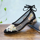 Arisu Flower Embroidery Sheer Ballet Lace-Up Flats - 3 Colors watereverysunday
