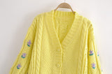 Asta Vintage Puff Sleeve Flower Cable Knit Cardigan watereverysunday