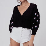 Asta Vintage Puff Sleeve Flower Cable Knit Cardigan watereverysunday