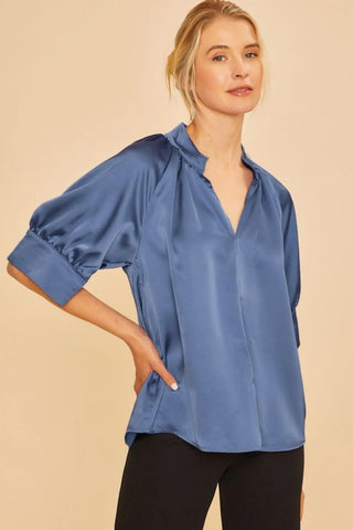 Aura Satin V Neck Short Sleeve Blouse
