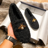 Bees Charm Faux Lambs Wool Driving Loafers