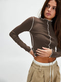 Bella Contrast Trim High Neck Long Sleeve Tees