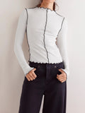 Bella Contrast Trim High Neck Long Sleeve Tees