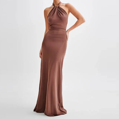 Bianca Backless Halter Maxi Cocktail Dress Brown / M Bianca Backless Halter Maxi Cocktail Dress Brown / M