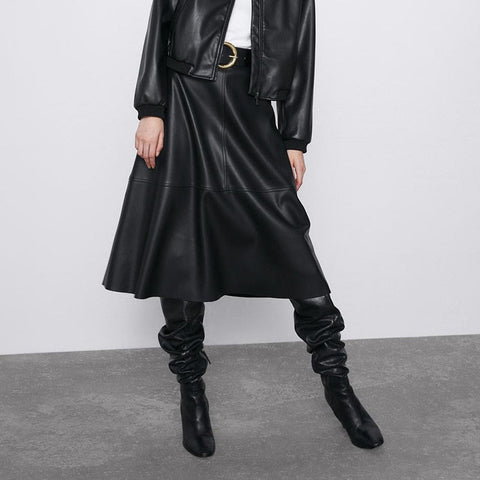 Brea Faux Leather Flare Midi Skirts