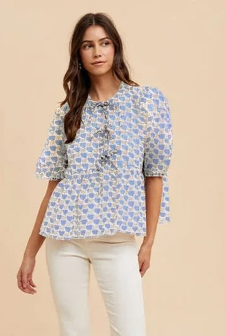 Carie Tulip Prints Front Tie Babydoll Blouse