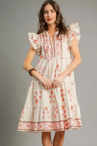 Carolina Boho Prints Ruffle Cap Sleeve Dress