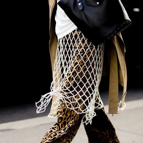 Clara Long Pearl Beads Net Wrap Belt Skirt