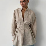 Clara Pinstripe Belted Long Tunic Shirts 