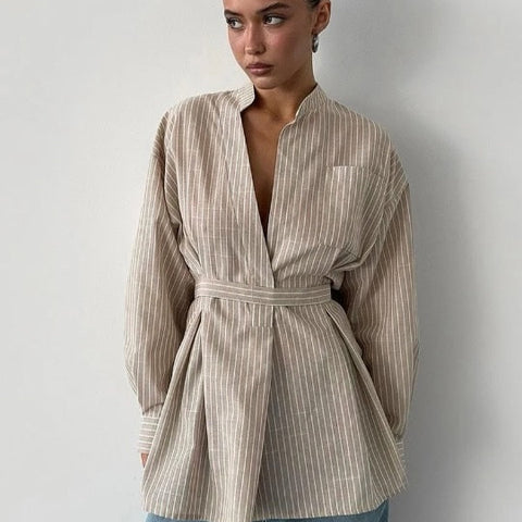 Clara Pinstripe Belted Long Tunic Shirts 