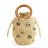 Crystal Embellished Straw Bucket Bag - 3 Colors watereverysunday