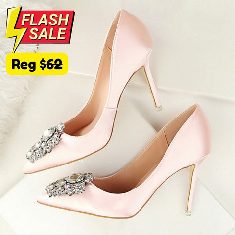 Crystal Embellished Satin Heels - Pink/38 (US 7)- (SALE)