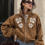 Danaca Floral Embroidered Faux Suede Bomber Jacket