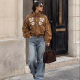 Danaca Floral Embroidered Faux Suede Bomber Jacket