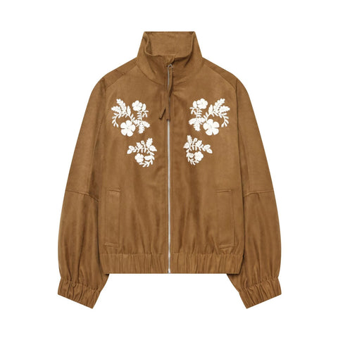 Danaca Floral Embroidered Faux Suede Bomber Jacket