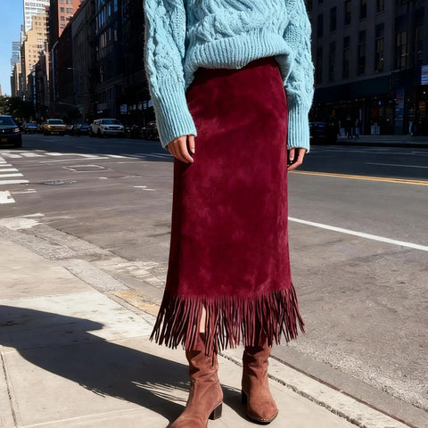 Delphine Faux Suede Fringe Midi Skirt