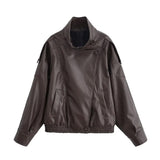 Diane Stand Collar Faux  Leather Bomber Jacket