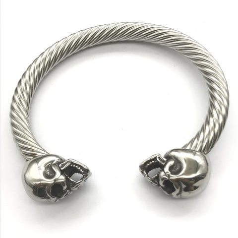 Double Skull Steel Wire Rope Cuff Bracelet watereverysunday