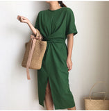 Elegant Twist Tie Waist and Front Slit Midi Dress - 3 Colors watereverysunday