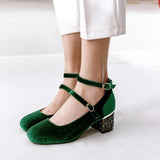 Elin Sequined Heel Mary Jane Velvet Pumps