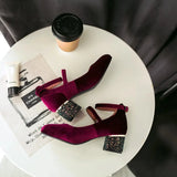 Elin Sequined Heel Mary Jane Velvet Pumps