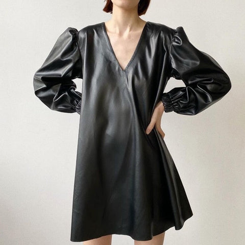 Faux Leather Puff Sleeve Mini Dress watereverysunday