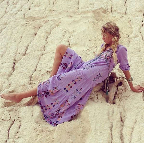 Floral Embroidered Maxi Folk Dress Lavender / XL Floral Embroidered Maxi Folk Dress Lavender / XL