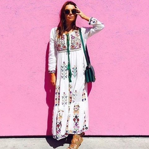 Floral Embroidered Maxi Folk Dress Lavender / XL Floral Embroidered Maxi Folk Dress Lavender / XL
