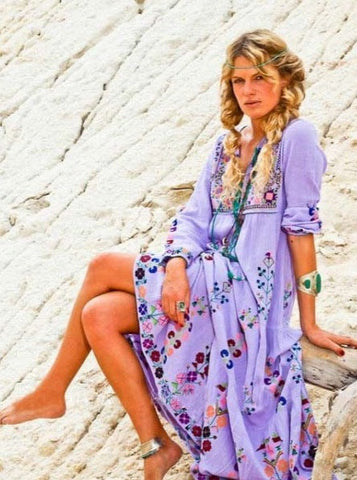 Floral Embroidered Maxi Folk Dress Lavender / XL Floral Embroidered Maxi Folk Dress Lavender / XL