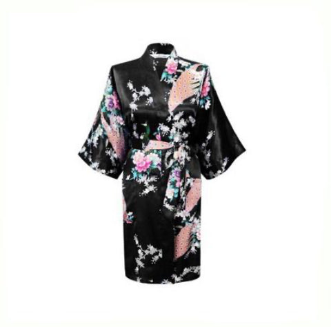 Floral Satin Mini Kimono Robes Black A / XL Floral Satin Mini Kimono Robes Black A / XL