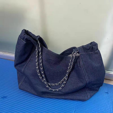 Francoise Large Denim Tote Braided Chain Straps - 2 Colors watereverysunday