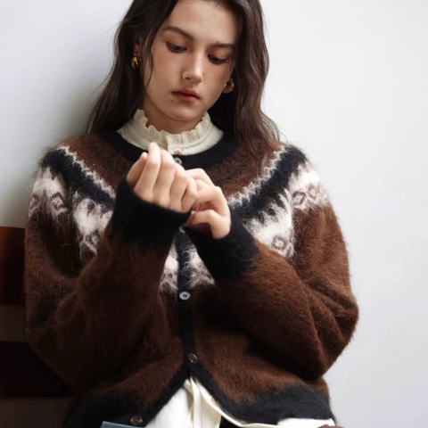 Freyja Nordic Fair Isle Fuzzy Knit Cardigan