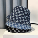 Fringed Checkerboard Denim Bucket Hats - 3 Colors watereverysunday