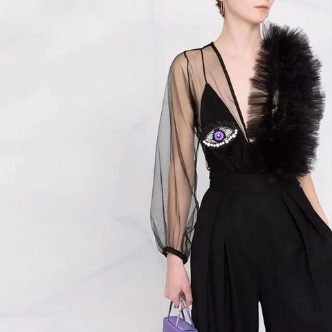 Frisa Asymmetric Sheer Eye Bodysuit
