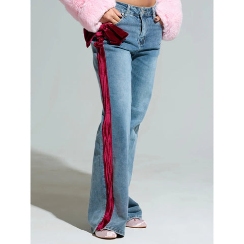 Georgina Velvet-Bow Side Stripe Wide-Leg Jeans