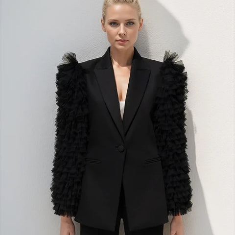 Giola Tulle Ruffle Sleeve Blazer